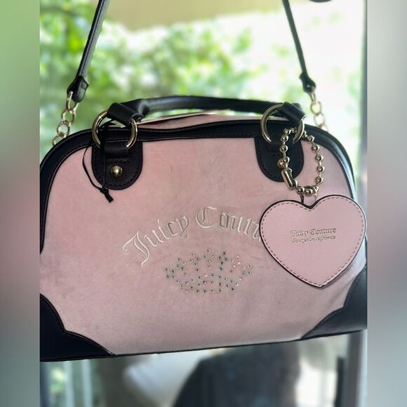Juicy Couture Velour  Bowler Logo Bling Purse Handbag Crossbody Pink New - Picture 3 of 5